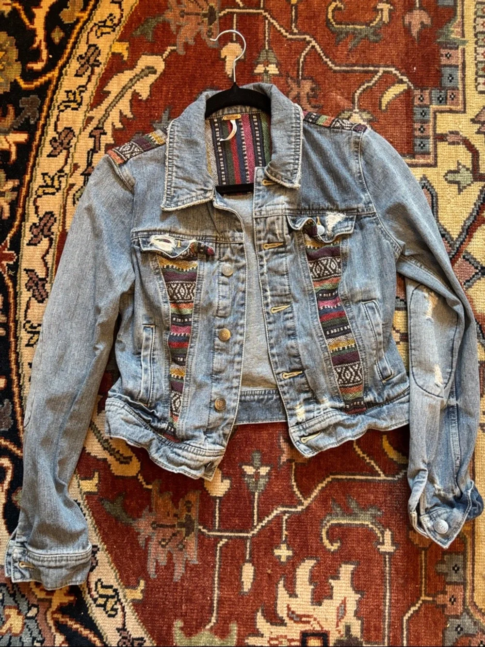 Free People Blue Denim Jacket with Multi-Color Inset Panels - Picture 2 of 6